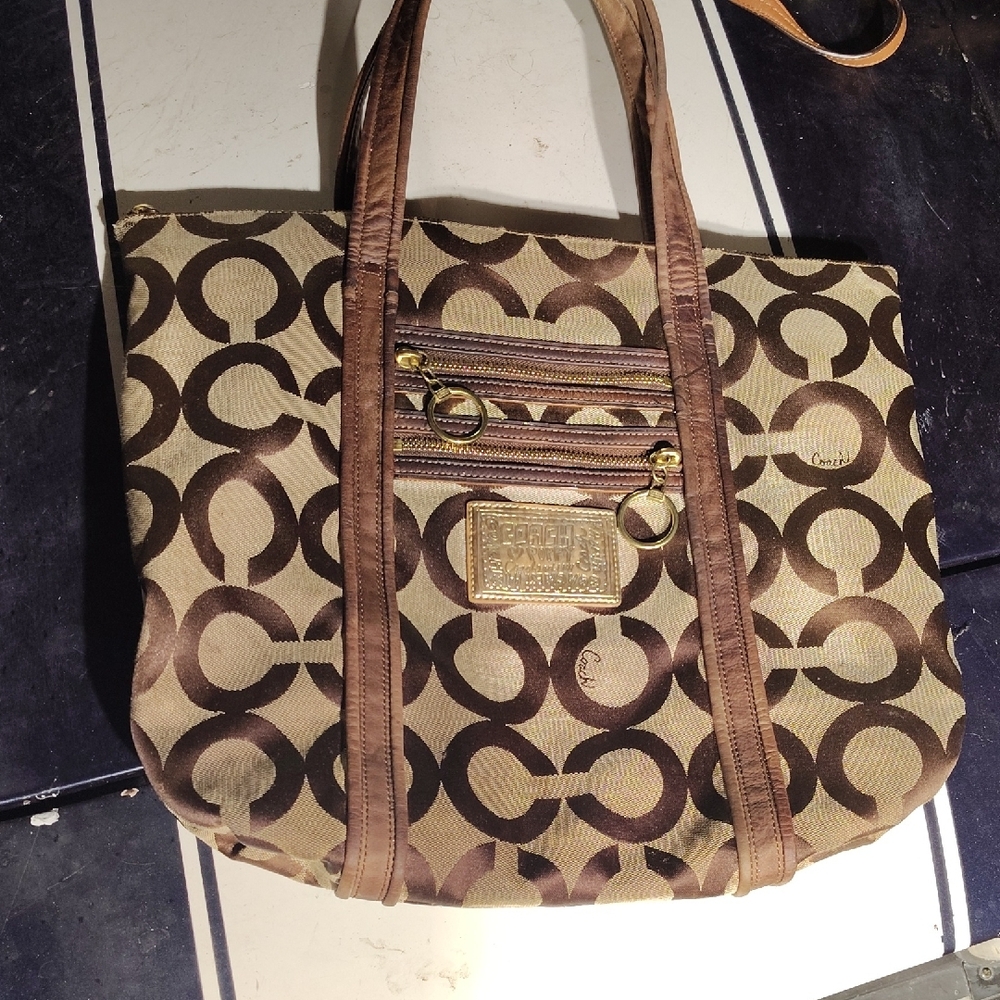 Coach Cream and Brown Signature Tote